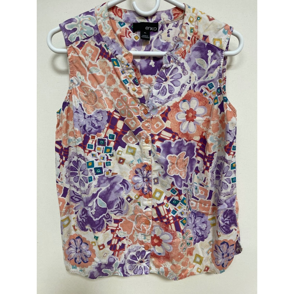 Erika Womens Sleeveless Button Down Floral Geometric Blouse Purple Orange PL